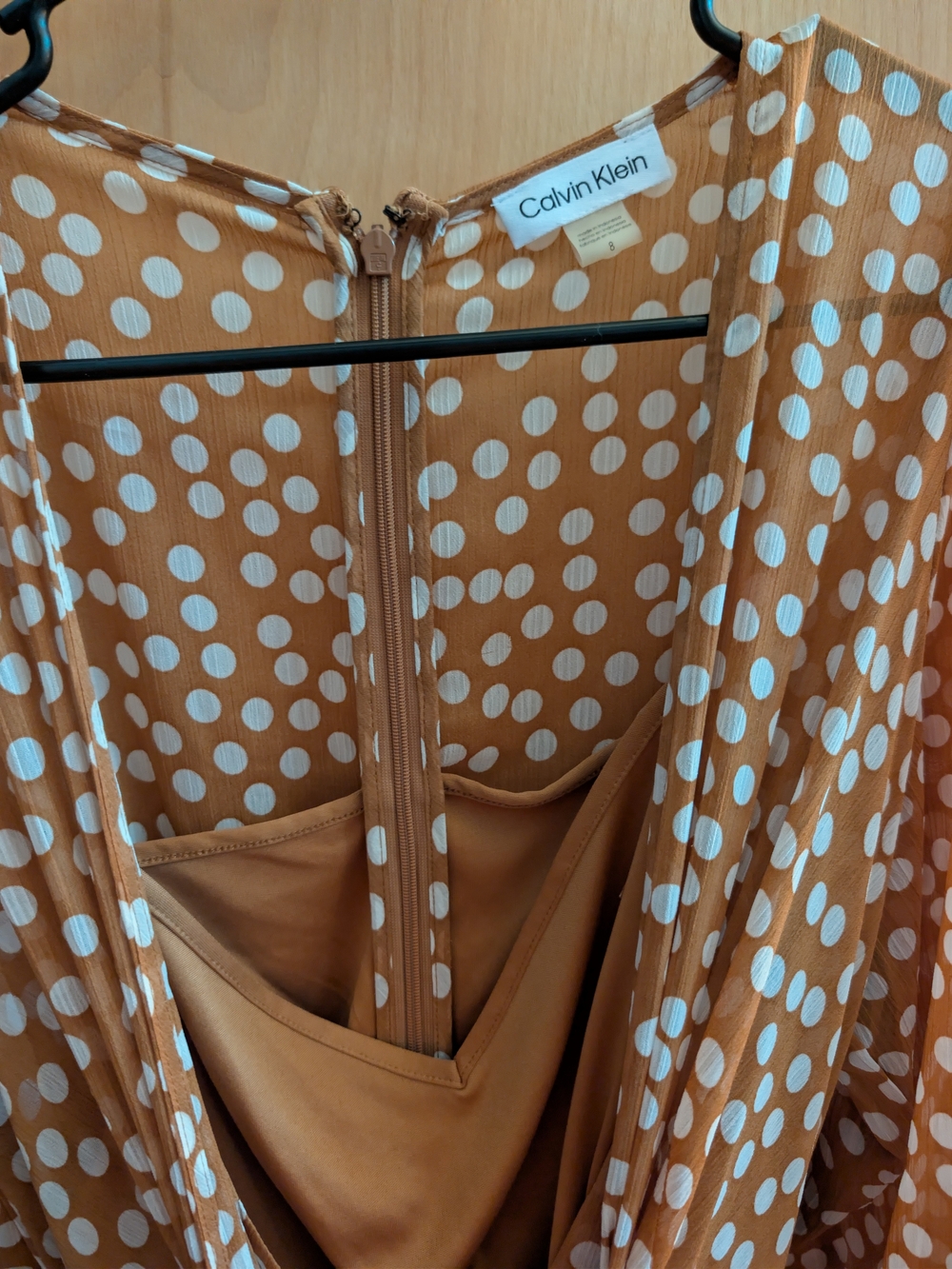 Calvin Klein Tan & White Polka Dot Wrap Midi Dress - Picture 2 of 3